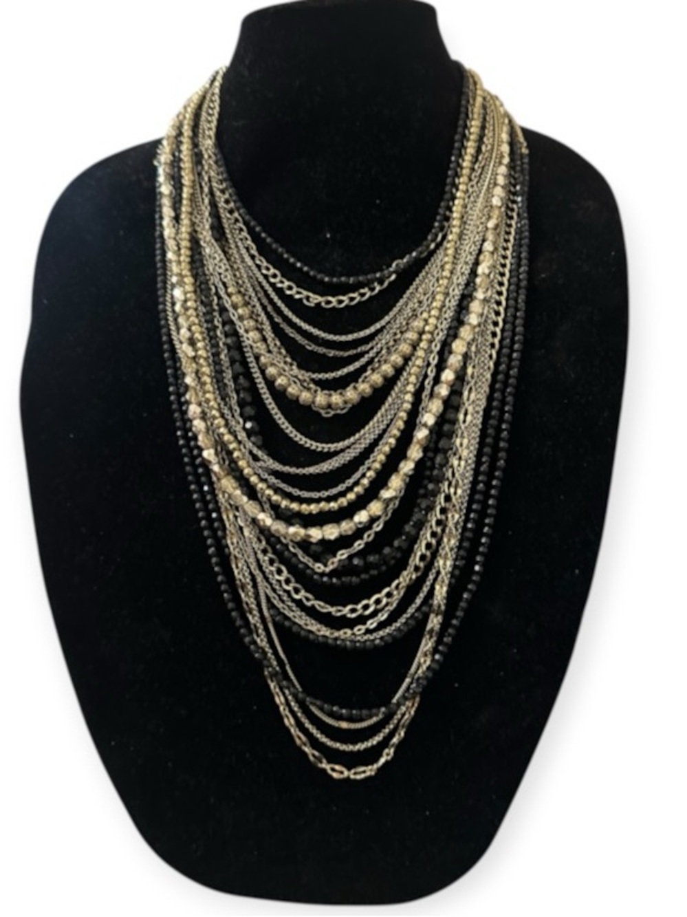 Sequin New York Multi-Strand Statement Necklace Gold Silver Black Chains Bib